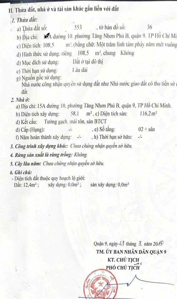 Cần bán câp 4 mặt tiền đường 10 phường tnpb ngang 5m dài 24m diện tích được công nhận 108m2