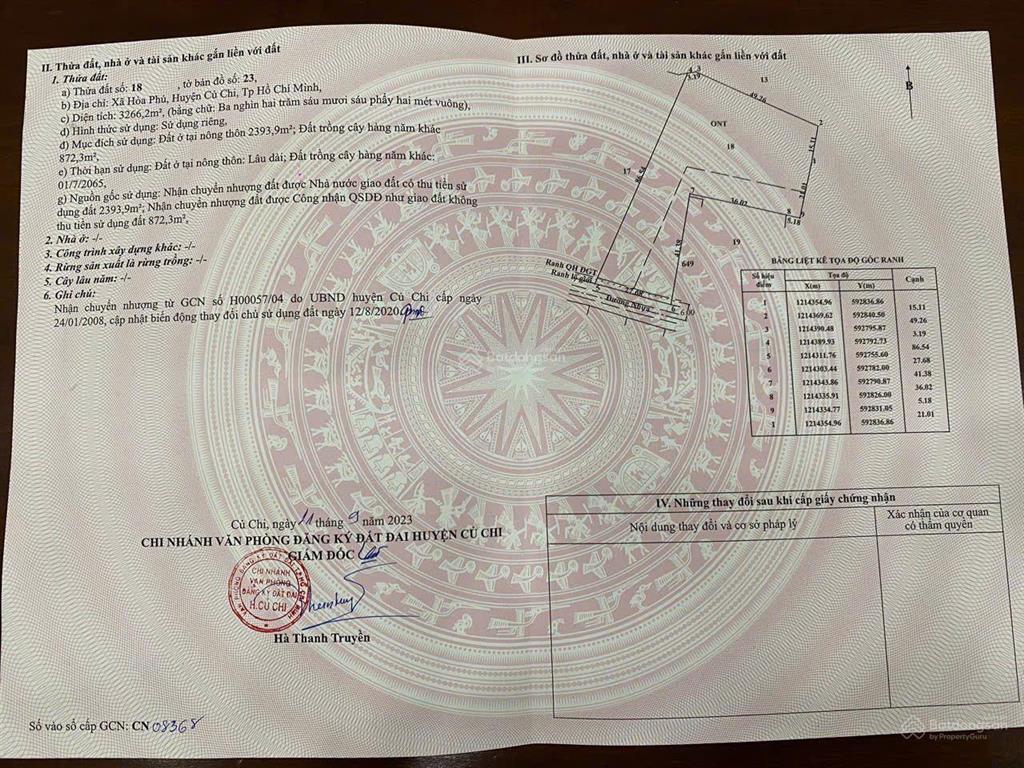 Bán 3266m2, 2393.9m2 thổ cư. đất làm nhà xưởng tại đường huỳnh minh mương, hòa phú, củ chi, 20,8 tỷ