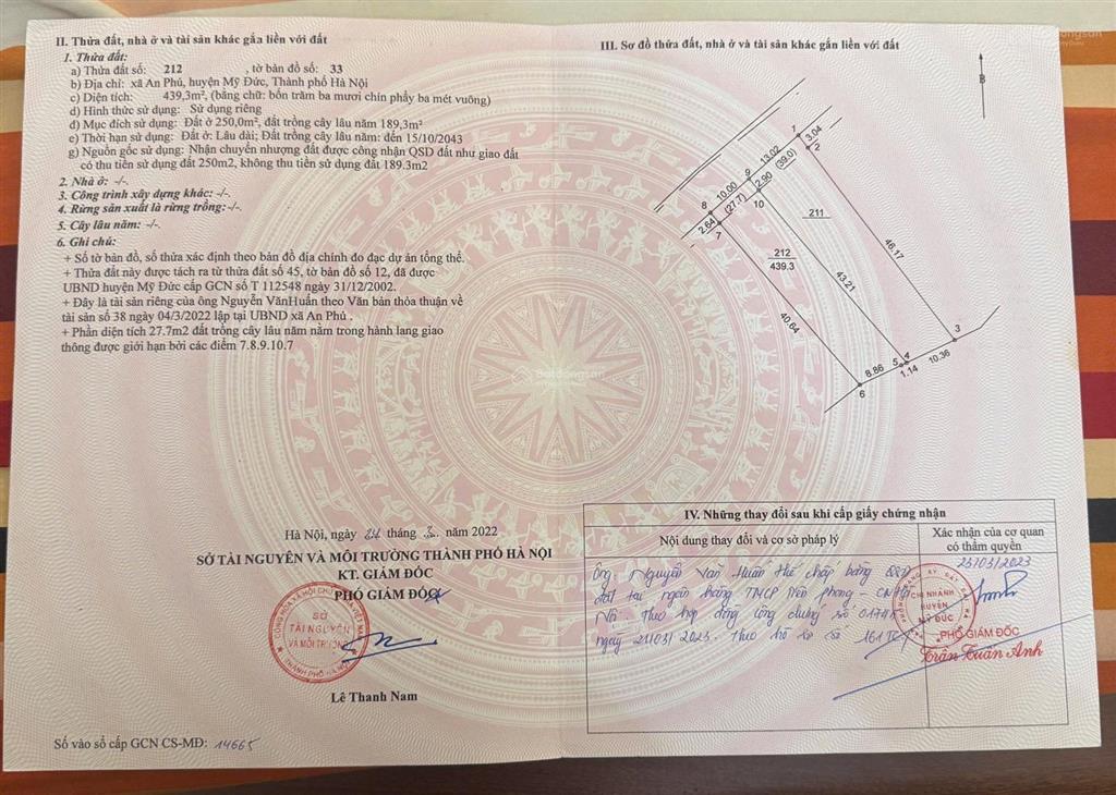 Bán đất tại đường tế tiêu,xã an phú, mỹ đức, hà nội, 3,3 tỷ,439,3m2/250 thổ cư,bám mặt đường apphan