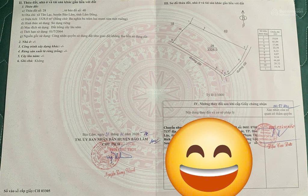 Chính chủ kẹt tiền cần bán gấp 3328m2 đất nông nghiệp quy hoạch full thổ cư tại tân lạc, bảo lâm