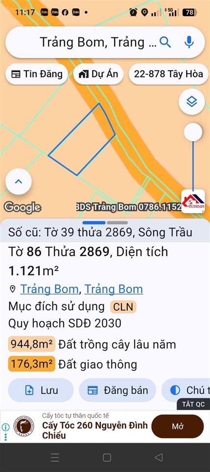 1121m2 cực đẹp đường lớn,gần đường trảng bom thanh binh,đường 6m 2 xe otot