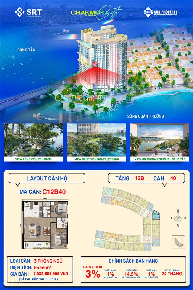 Giỏ hàng độc quyền đa dạng nhất không chênh còn căn góc 3pn view sông siêu hiếm dự án charmora city