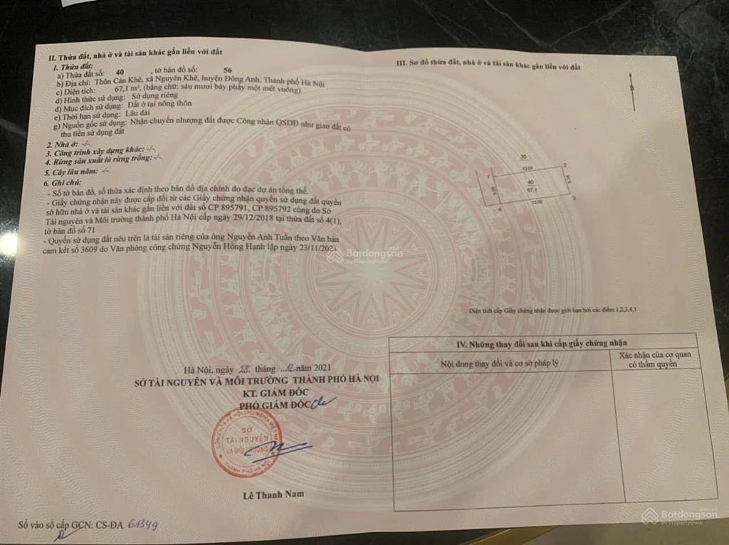 Bán đất cán khê, 64 triệu/m2, 67.1m2, đông anh, hà nội, chính chủ, hot