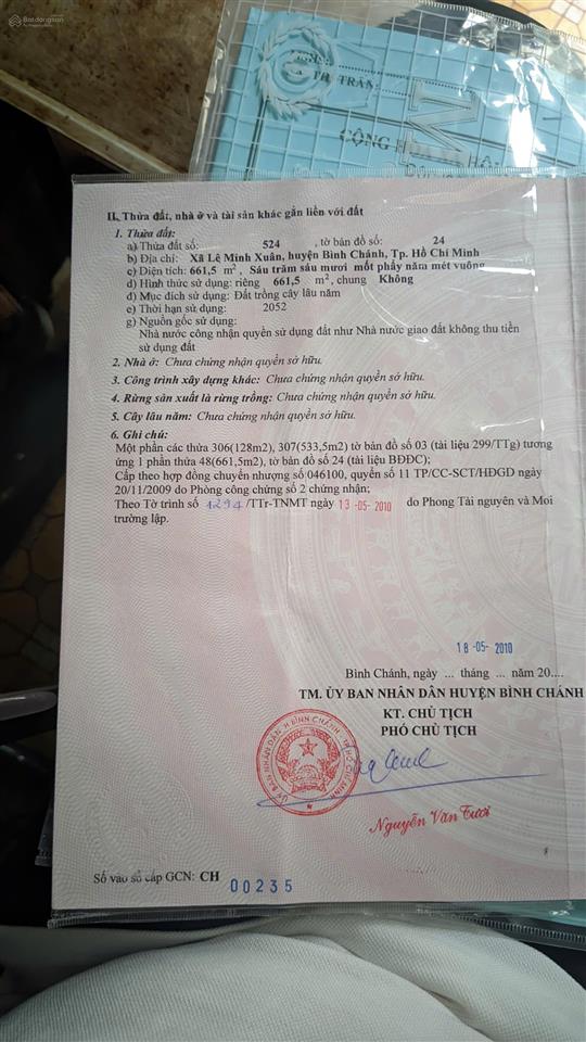 Chính chủ cần bán gấp lô đất 661,5m² sổ riêng tại lê minh xuân (bình chánh cũ), bình lợi, tp.hcm