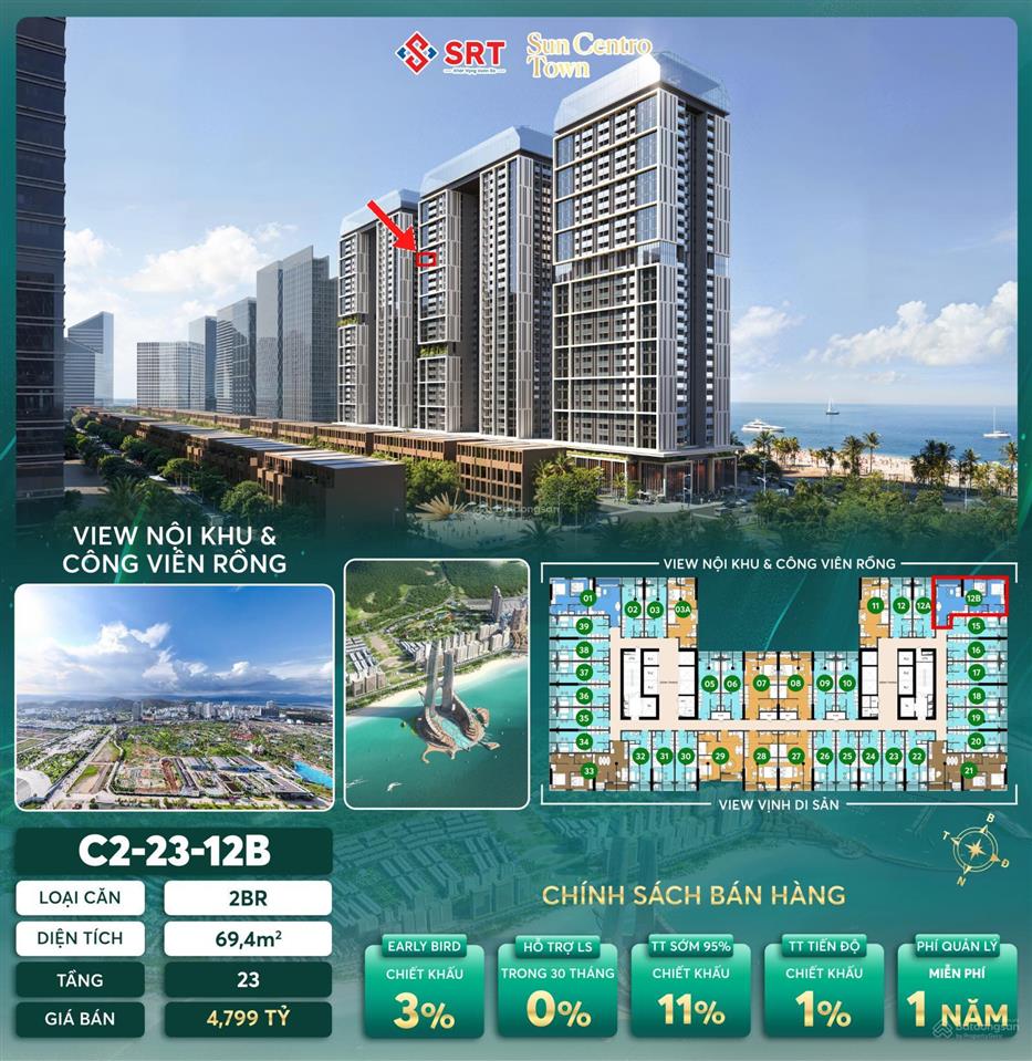 Bán chung cư 2br 69,4m2, giá 4 tỷ, view đẹp tại sun centro town, bãi cháy, quảng ninh