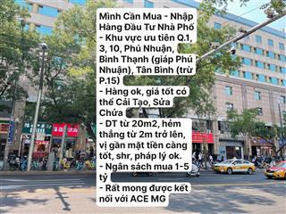 Mình tìm mua đầu tư nhà phố  dt từ 20m2  q.3, 10, phú nhuận, bình thạnh