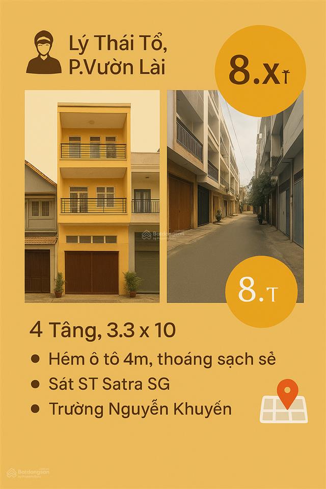 Căn 126 lý thái tổ ,p.vườn lài  hẻm ô tô 4m nhà 4 tầng, chỉ 8.x tỷ