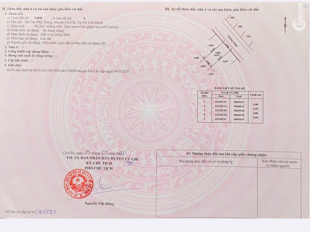 Chủ cần tiền bán gấp lô 84m2 đất giá 1 tỷ,đ.giồng cát, xã tân phú trung, sổ hồng riêng