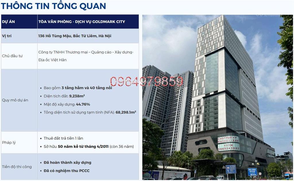 Bán tòa nhà văn phòng 40tầng hạng a goldmark city chỉ với 52tr/m2 136 hồ tùng mậu, bàn giao luôn