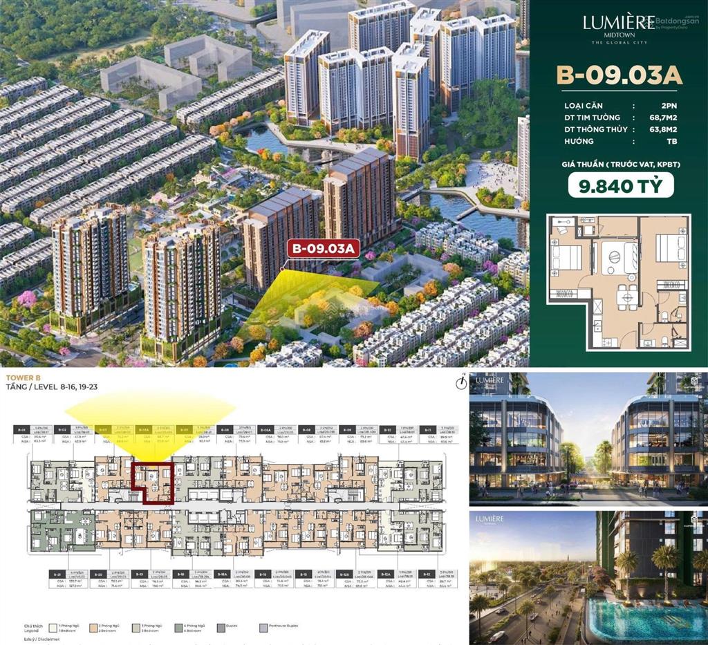 Bán căn hộ cao cấp lumière midtown, global city, q2. 2pn, 2wc, giá tốt nhất chỉ 9,84tỷ/căn
