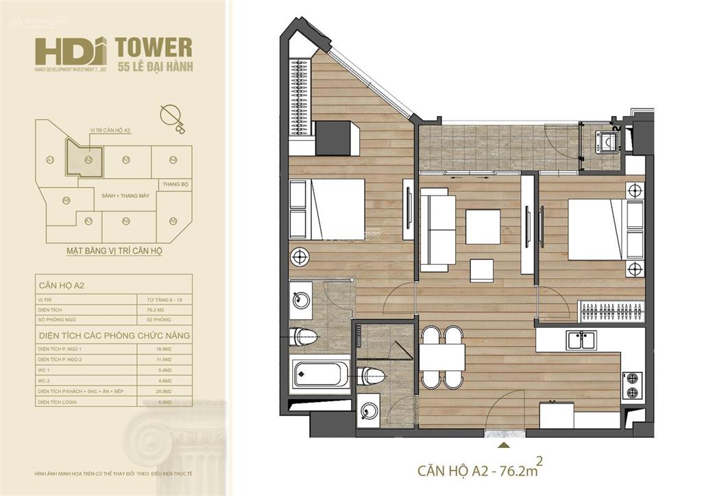Chính chủ bán căn 2pn dt 76.2m2 tầng trung, hdi tower 55 lê đại hành, sổ đỏ cất két  0962 252 ***