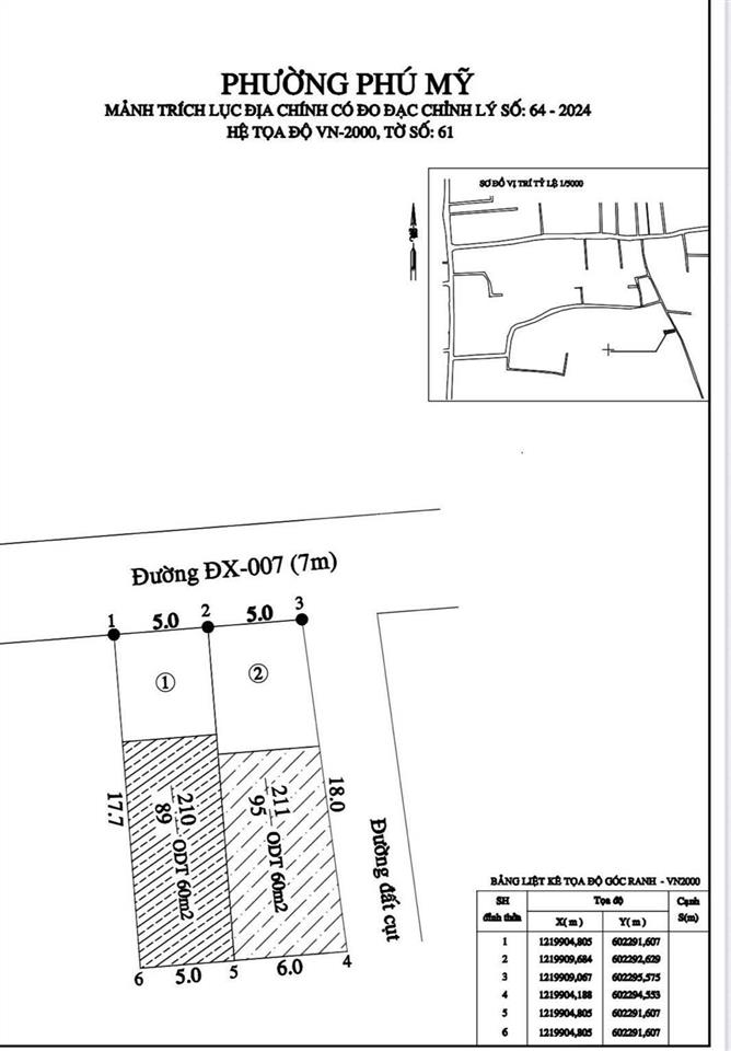 3.09 tỏi. dx 007 phú mỹ. có 2 lô. 1 lô 2 mặt tiền