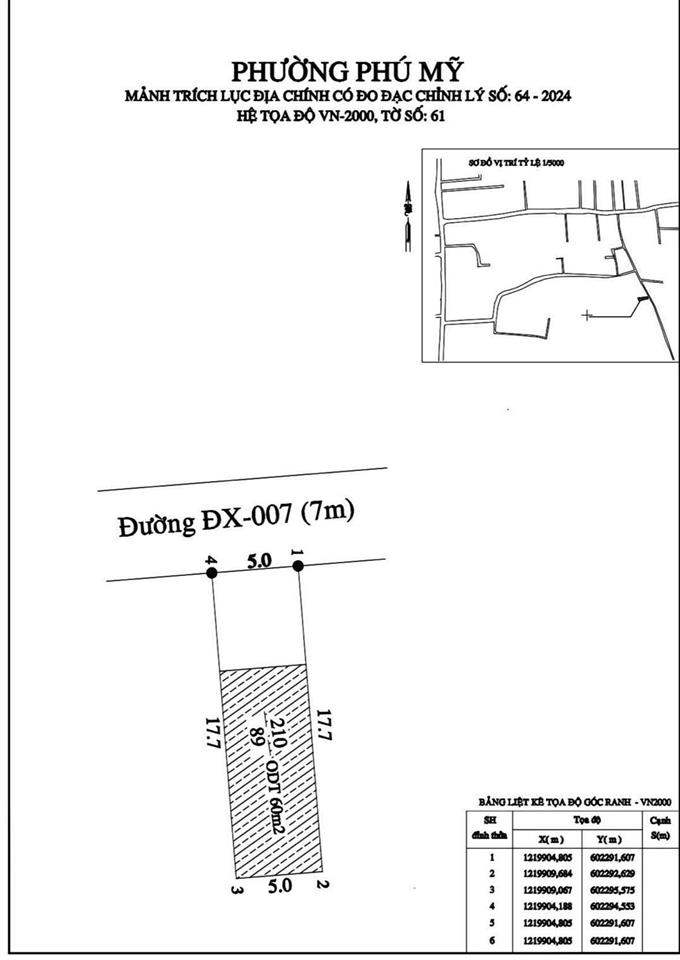 3.09 tỏi. dx 007 phú mỹ. có 2 lô. 1 lô 2 mặt tiền