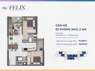 Kẹt tiền cần sang nhượng gấp giá gốc căn the felix 2pn 2wc 61.86m2 tầng trung view đẹp, giá tốt