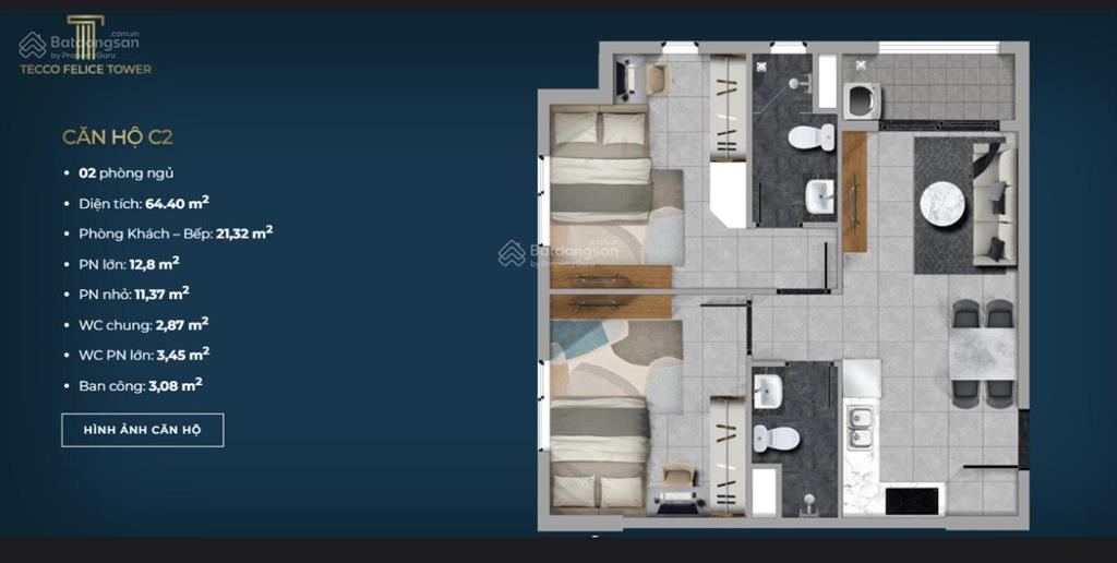 Bán căn hộ tại tecco felice tower, 1,3 tỷ (bao hết phí), 64m2, 2pn, 2wc (còn duy nhất 1 căn)