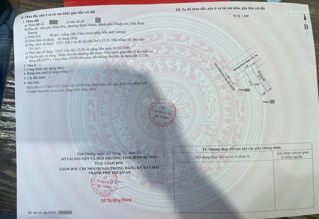 Bán đất góc 2 mặt tiền đường bình nhâm 16, p. bình nhâm, tp. thuận an 2,85 tỷ tl