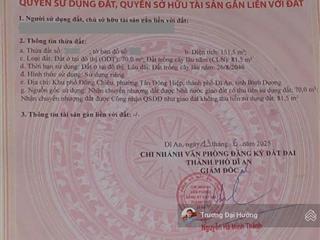 Bán đất 151,5m² (4x43m), nở hậu 5m gần đường lê văn tiên p. tân đông hiệp, tp. dĩ an  2 tỷ 7 tl