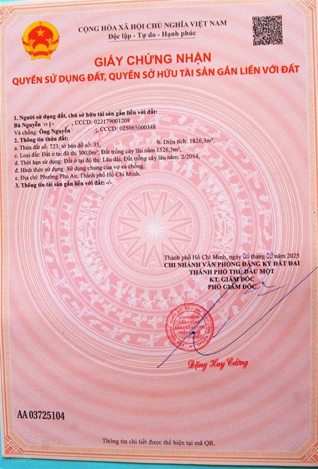 Chính chủ, cần bán gấp thửa đất 1826m2, phường phú an (p. tân an tp thủ dầu một cũ) tp hcm