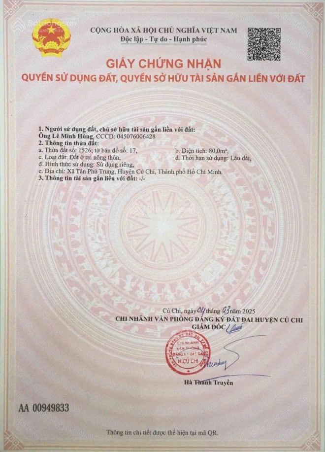 Bán nhà 3 tầng  đường cây da  tân phú trung  củ chi  80m2 . giá 2 tỷ 500 triệu