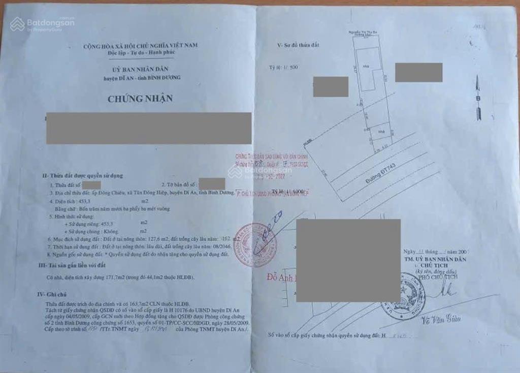 Nhà 453.3m2 (ngang 8.8m) mặt tiền kinh doanh đt 743b gần ngã 3 cây điệp p. tân đông hiệp dĩ an