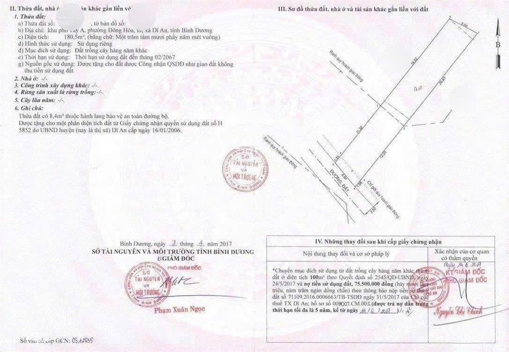 Đất 180m ngang 5.5m gần bigc go, phường đông hòa, tp dĩ an