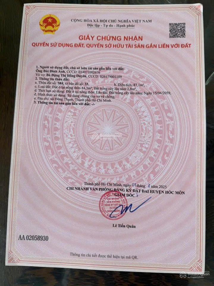 Cần bán lô đất đường nguyễn thị pha, đông thạnh, hóc môn 87,1 m2 giá 1 tỷ9. shr