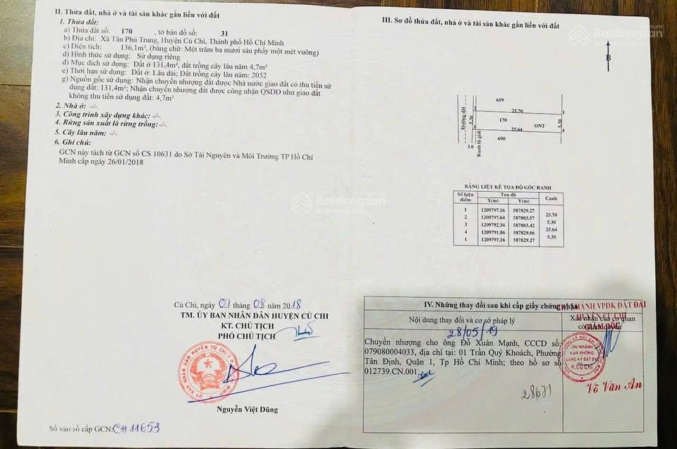 Chủ gửi bán đất đường suối lội, tân thông hội, củ chi. dt 136m2, sổ riêng, giá 1,8tỷ