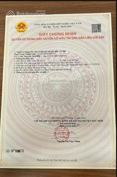 Chủ ngộp bank bán đất mt đ. lê lợi, xã tân hiệp, hóc môn. dt 104m2, shr, khu dân cư đông