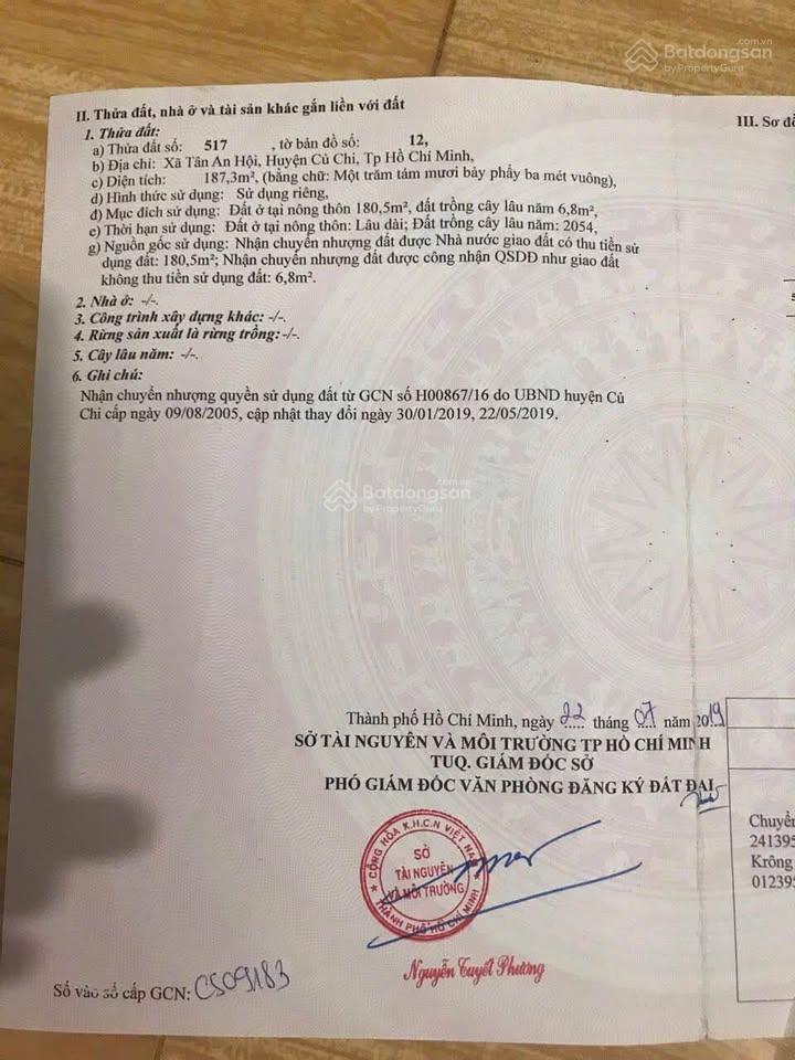 Chủ cần bán lô đất 1/ đ. lê minh nhựt, xã tân an hội, củ chi. dt 5x37m, giá 1 tỷ 8