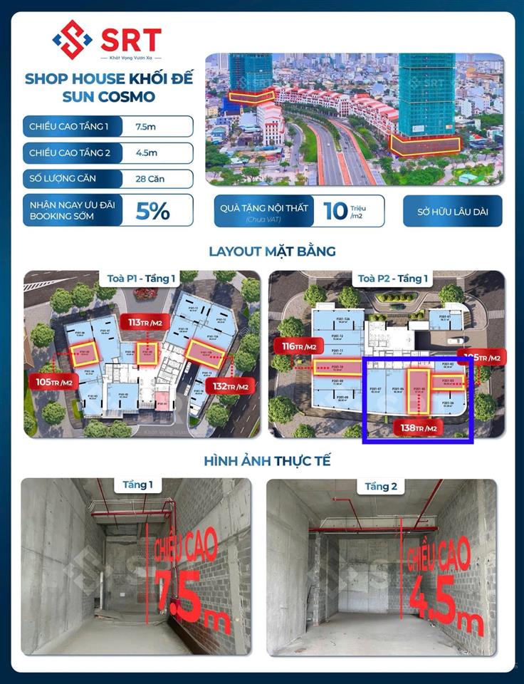 Chính thức mở bán shophouse khối đế sun cosmo dt 81,38m2 ck 19,5% booking, giá 1x tỷ sở hữu lâu dài