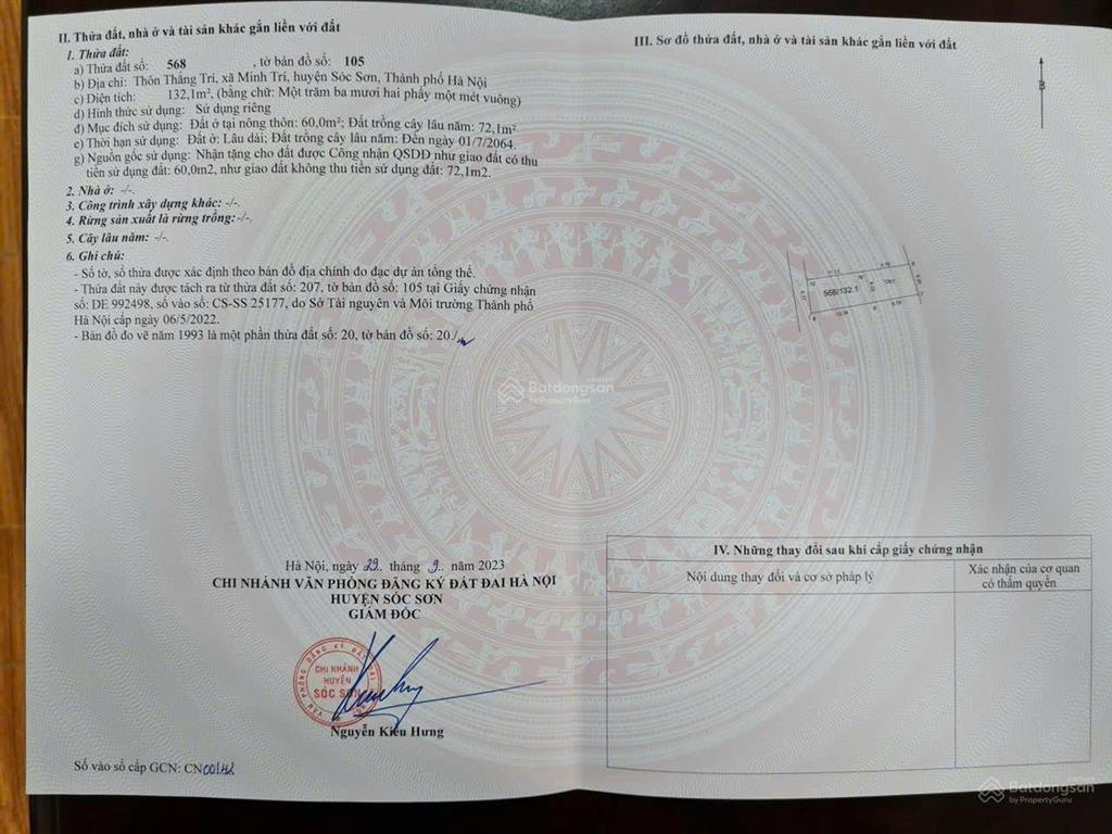 Bán đất tại đường thắng trí, xã minh trí, sóc sơn, hà nội, 16,5 triệu / m2, 132,1 m2