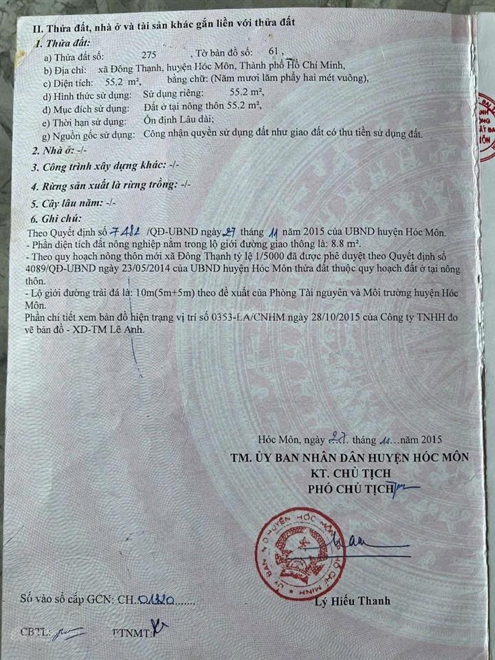 Bán lô đất sổ hồng riêng 1/huỳnh thị na ấp 6 đông thạnh, hóc môn dt 4x16m. giá2,6ty