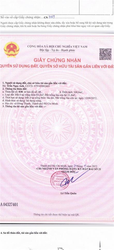 Bán lô đất sổ hồng riêng ấp 6 đông thạnh