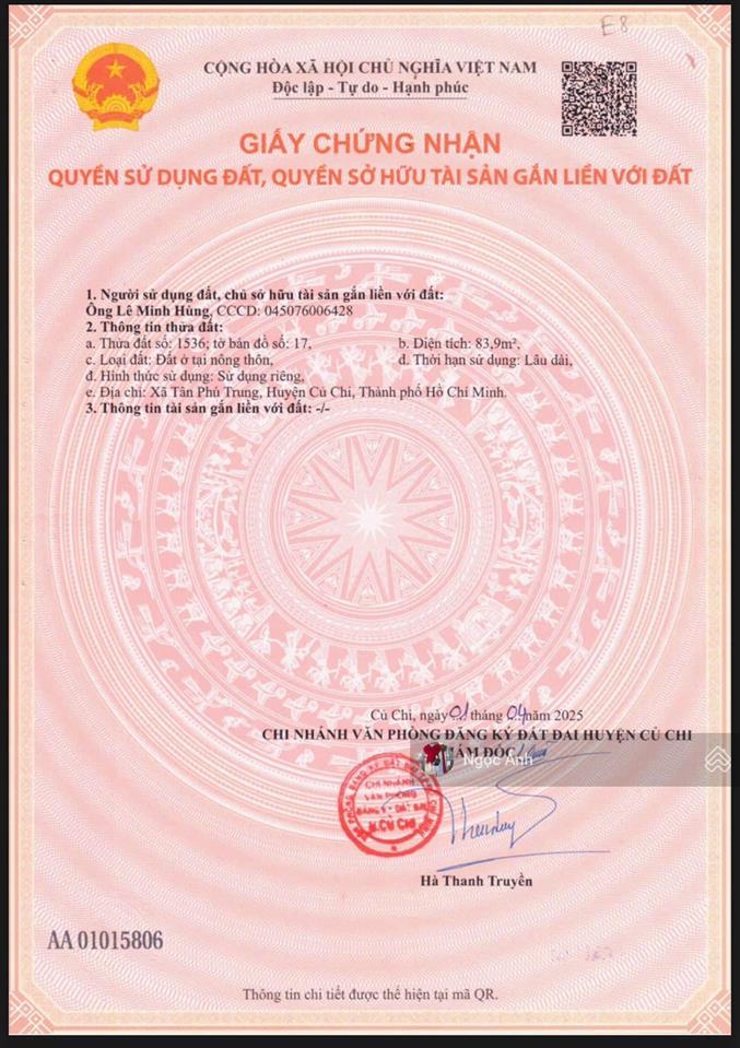 Còn duy nhất 1 lô 5x17m ngay xã tân phú trung, củ chi, shr, khu dân cư hiện hữu, giá 2,2tỷ