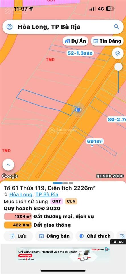 2155m có 100m thổ cư ngay mặt tiền quốc lộ 56, hòa long, tpbr giá 25,5 tỷ tl