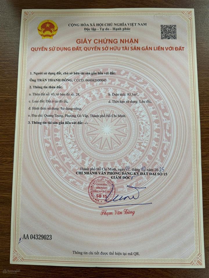 Bán đất trống 3 mặt tiền hxh quang trung, cách mặt tiền đường qt là 1 căn (20m) ngay ubnd quận