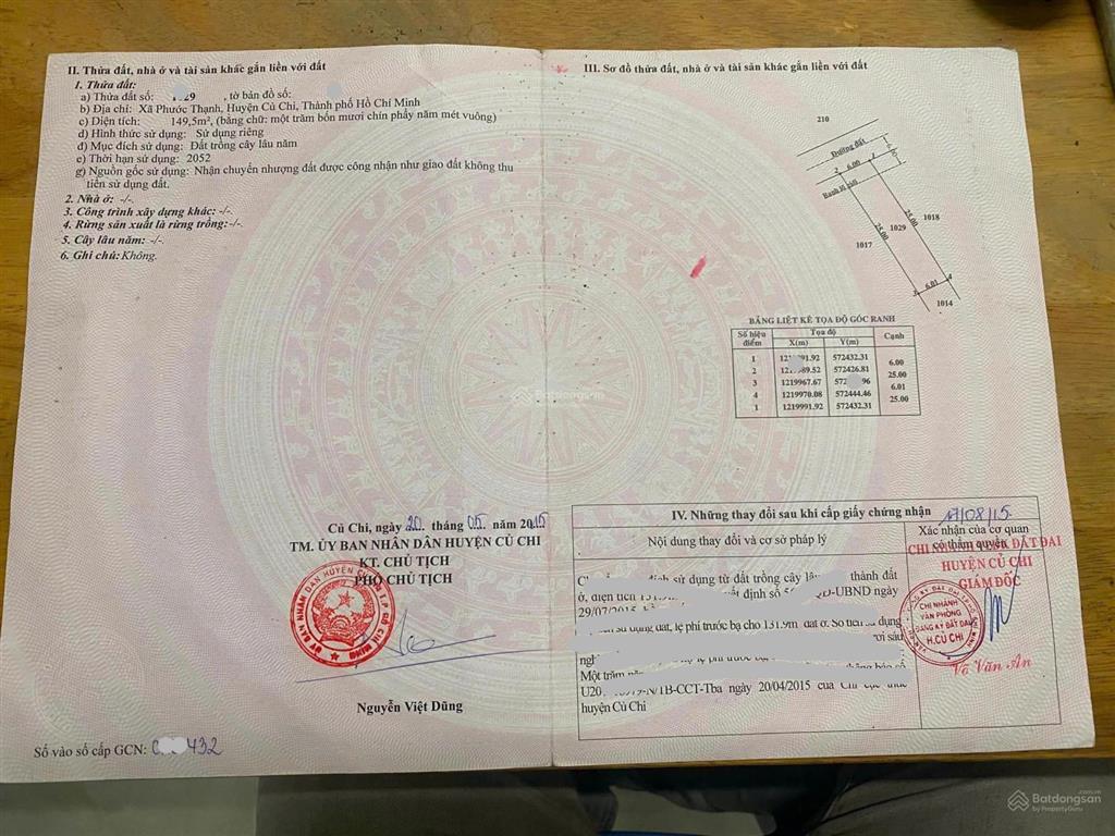 Bán gấp lô đất 150m2 giá 950 triệu ngay đường võ văn điều xã phước thạnh , củ chi gần trường học.