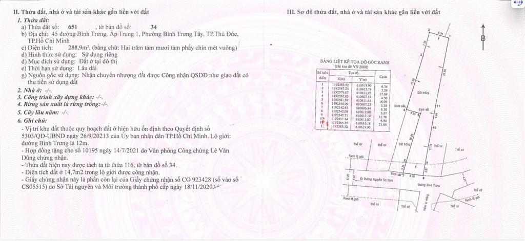 Bán đất mặt tiền đường bình trưng, 289m2, cách nguyễn thị định 300m, giá ~52tr/m2