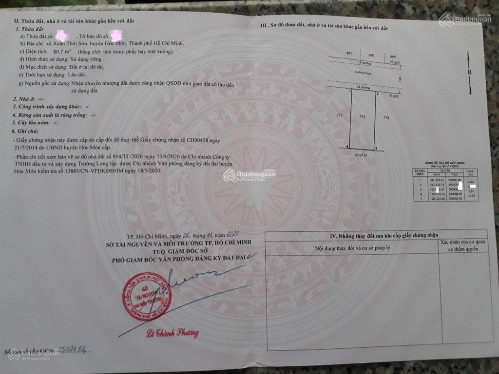 Đất mặt tiền rộng đồng bà canh, xuân thới sơn, hóc môn. dt 80,7m2 full thổ sổ riêng giá chỉ 1.8 tỷ