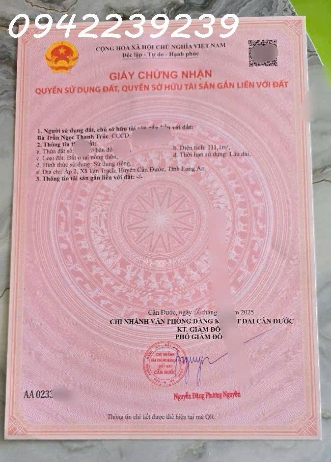 110m2 thổ cư, giá 900tr, đường oto vào tới đất, Tây Ninh ( xã Tân Trach, huyện Cần Đước,