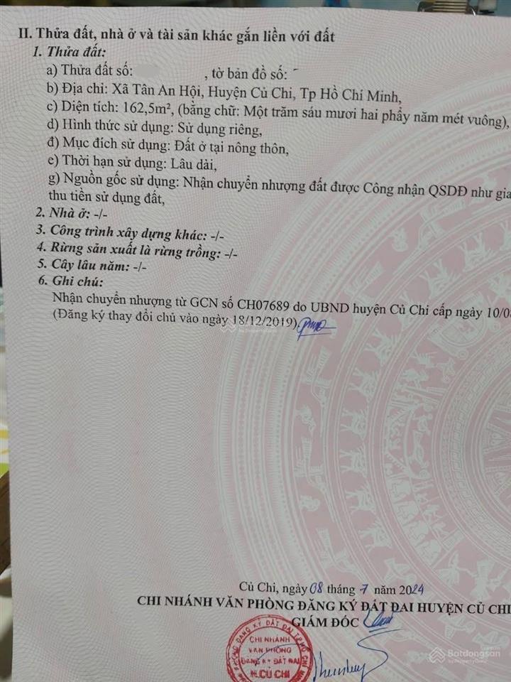 Đất 162m2(6.5x25m) ngay bệnh viện đa khoa củ chi, không quy hoạch, sổ hồng riêng, giá 1tỷ2