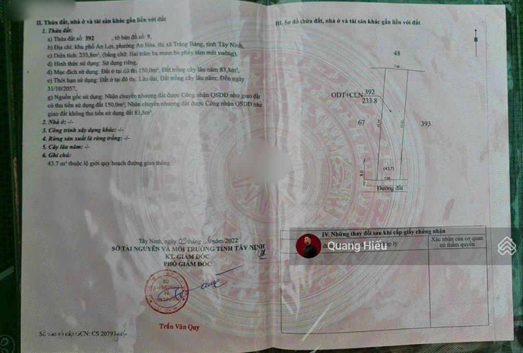 Bán lô đất 233m2 (ngang 7m) sau lưng chợ trảng bàng trung tâm thị xã, sổ hồng riêng, giá 750tr