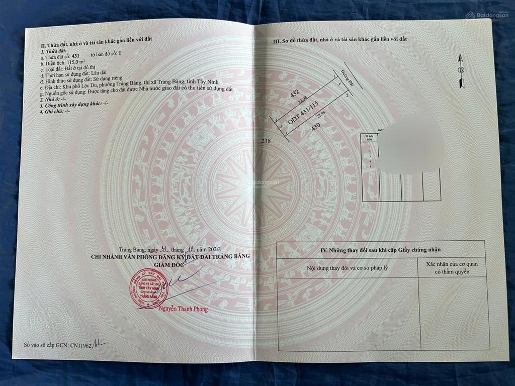 Chính chủ lô cặp cạnh chợ trảng bàng dt 10x23 full thổ  đất ở đô thị, đường nguyễn du, shr, 700tr