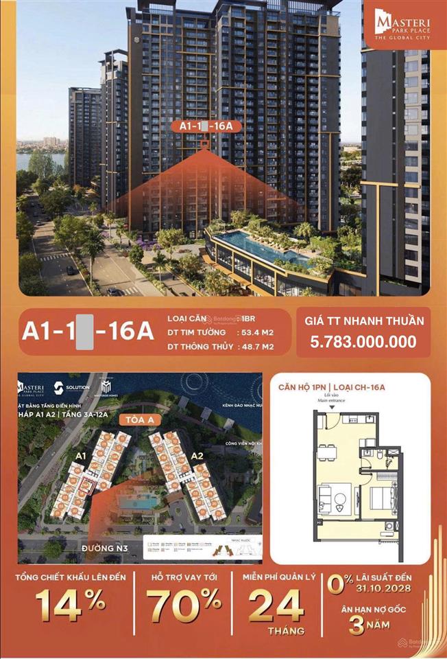 1pn (độc quyền) giá tốt nhất masteri park place 5,783 tỷ không còn căn thứ 2