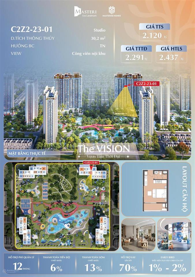 Duy nhất căn studio 31,3m2, giá 2,044 tỷ masteri era landmark, 2 hầm để xe.  0907 351 ***