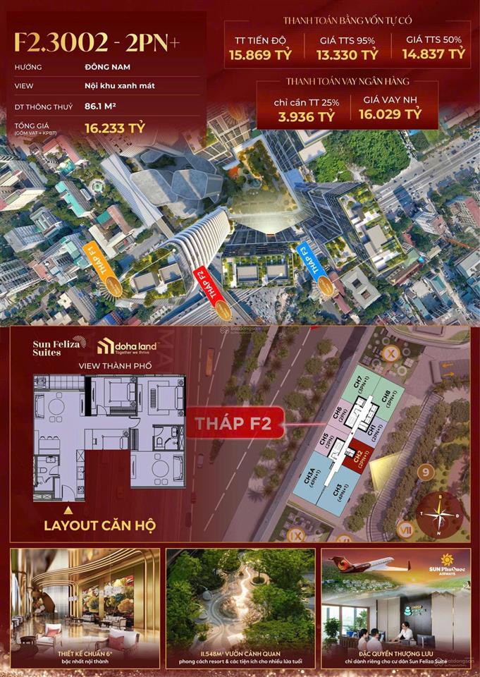 Bán căn hộ 2pn toà f2 đẹp nhất dự án sun feliza suites cầu giấy