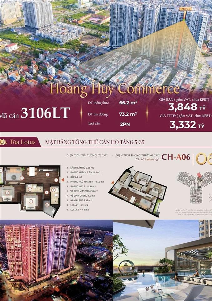 Chính chủ bán căn hộ chung cư 2pn, 2wc tại hoàng huy commerce lotus 3,3 tỷ, 66,2m2 view đẹp