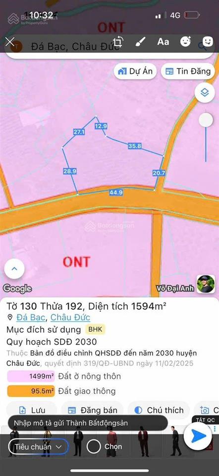 Bán đất tại xã đá bạc, châu đức, bà rịa vũng tàu, 590 triệu, 130 m2 chính chủ uy tín