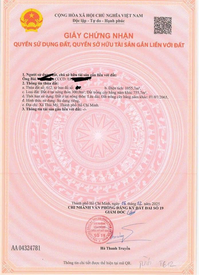 Đất thái mỹ, tỉnh lộ 7, củ chi, dt 1055m2, sổ riêng