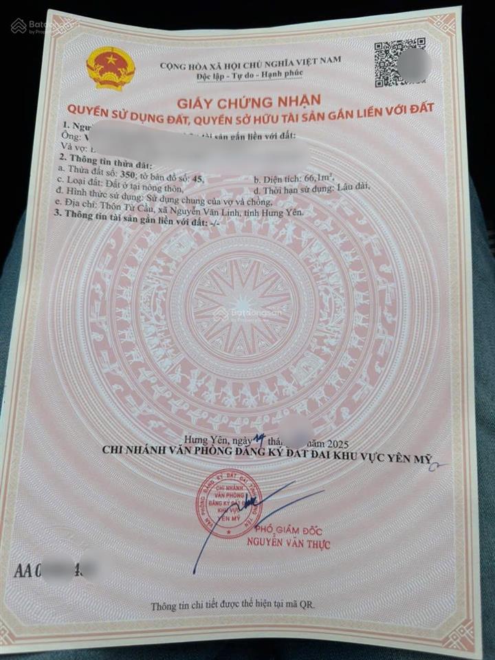 Bán lô đất 66m tài chính công nhân tại giai phạm, yên mỹ, hưng yên